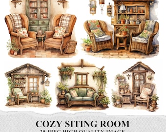 Boho Living Room Clipart: Cozy Interior, Watercolor Style (Digital Download)