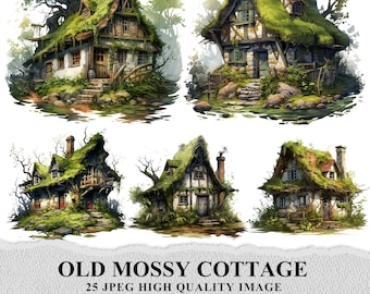Watercolor Mossy Cottage Clipart Bundle: Rustic Cottagecore JPGs (Digital Download)