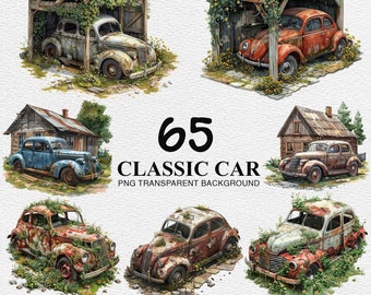 Verlassener Oldtimer Clipart: Rostiger Oldtimer in der Werkstatt (Digitaler Download)