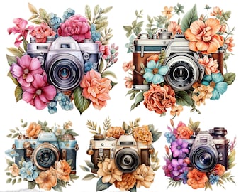 Aquarell Blumen Kamera Clipart: Retro Fotografie (digitaler Download)