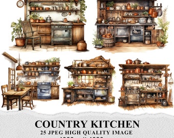 Aquarell Rustikale Küche Clipart: 25 JPGs für Scrapbooking (Digitaler Download)