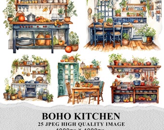 May include: A watercolour illustration of a bohemian kitchen with a rustic wooden countertop, a stovetop, and a variety of kitchenware. The kitchen is decorated with plants, herbs, and other natural elements. The illustration is set against a white background.