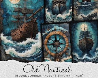 Nautical Junk Journal Seiten: Piratenschiff Collage (Digitales Papier)
