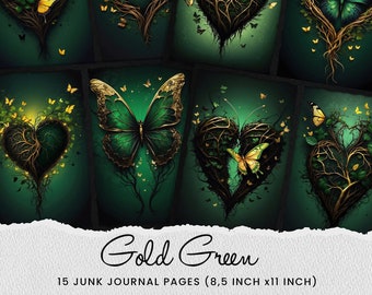 Schmetterling Herz Junk Journal: Gold Grün Digitales Papier (Digitaler Download)