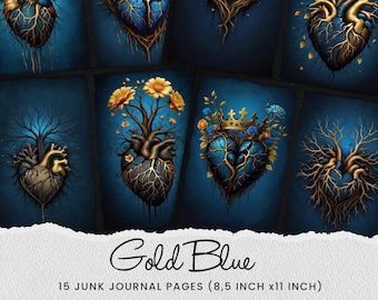 Floral Herz Junk-Journal: Goldene Krone, Love-Thema (Digitales Papier)