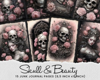 Flower and Skull Junk Journal Pages, Dark and Beauty Digital Paper Scrapbook