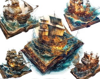 Clipart de barco pirata de fantasía: libro antiguo, océano, álbum de recortes (descarga digital)