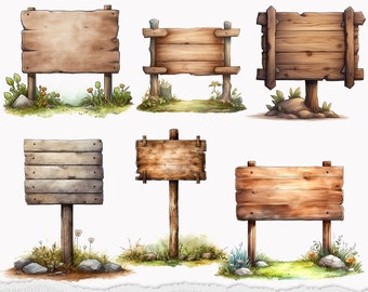 Letrero rústico de madera en acuarela: 26 diseños PNG (descarga digital)