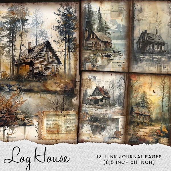 Old Forest Houses Junk Journal Pages, Log Houses Journal, Forest Houses, Houses Clipart, Wooden Log Cabin,  Digital Papers Scrapbook