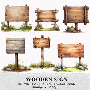Letrero de madera en acuarela, 26 letreros de madera PNG, ilustración de letreros de madera, letreros de madera rústicos, borde de madera, flechas de madera