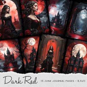 Può includere: 15 fogli di collage digitali stampabili con uno schema di colori rosso scuro con castelli gotici, una luna piena e donne in abiti neri. Il testo "Dark Red" è in basso nell'immagine.