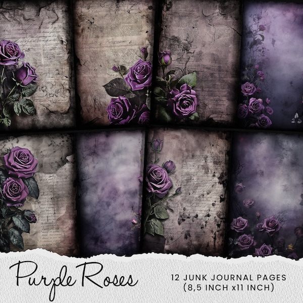 Rose Junk Journal Pages, Purple Rose Flower Old Paper, Purple Roses Digital Paper, Beauty Roses Journaling Scrapbook Digital Download