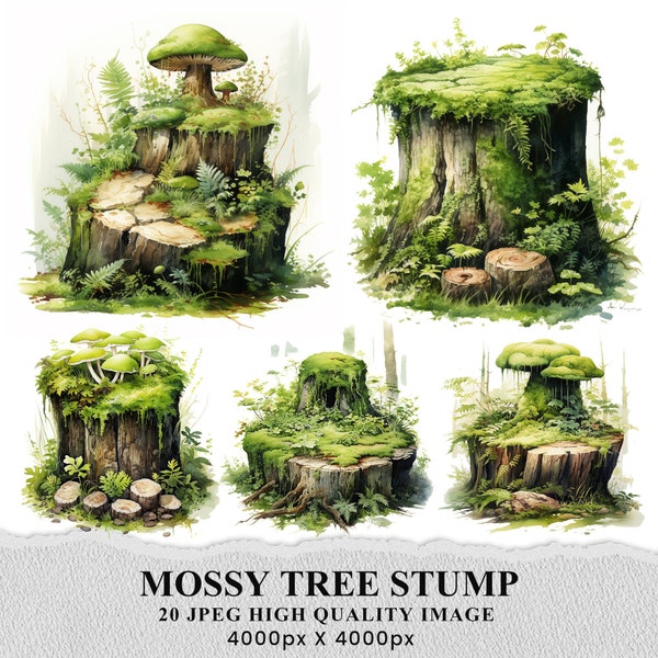 Mossy Tree Stump Watercolor, 20 Mossy Tree Trunk, Tree Stump Bundle Clipart, Tree Stump Crafting Journaling Scrapbook Digital Download