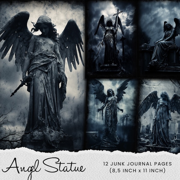 Gothic Angel Statue Junk Journal Pages, Angel In Cemetery, Graveyard Angel Printable Digital Papers, Dark Gothic Junk Journal Kit Scrapbook