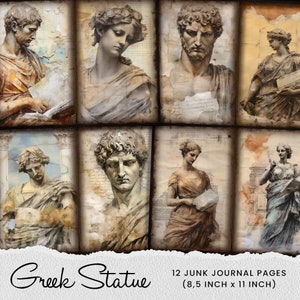Puede incluir: Doce páginas de diario de estilo vintage con imágenes de estatuas griegas. Las páginas están desgastadas y tienen un aspecto texturizado. Las imágenes son en tonos marrones, beige y blanco. El texto "Greek Statue" y "12 Junk Journal Pages (8.5 inch x 11 inch)" está impreso en la parte inferior de la imagen.