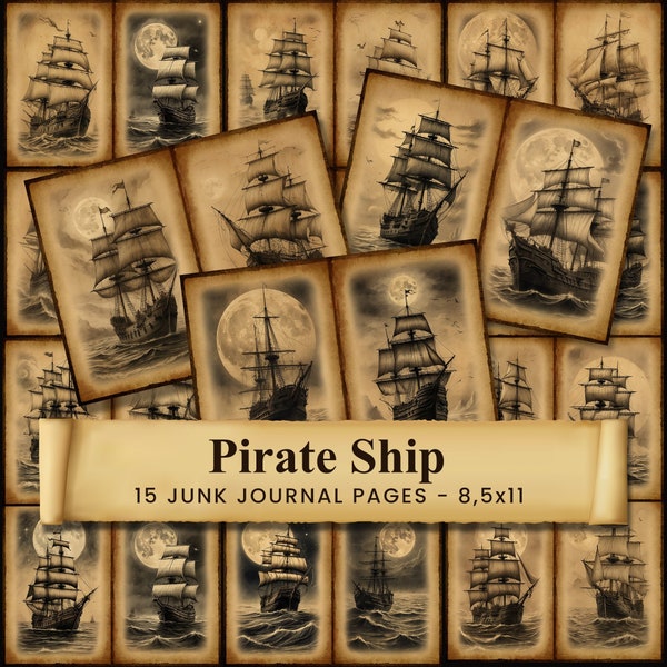 Pirate Junk Journal Pages, Old Ship Printable, Pirates Ship digital Papers, Pirates Printable Junk Journal