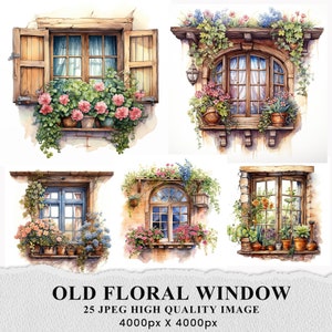 Puede incluir: Cuatro ilustraciones de acuarela de ventanas con detalles florales. Cada ventana tiene un estilo diferente y está adornada con flores y vegetación. Las ventanas están sobre un fondo blanco.