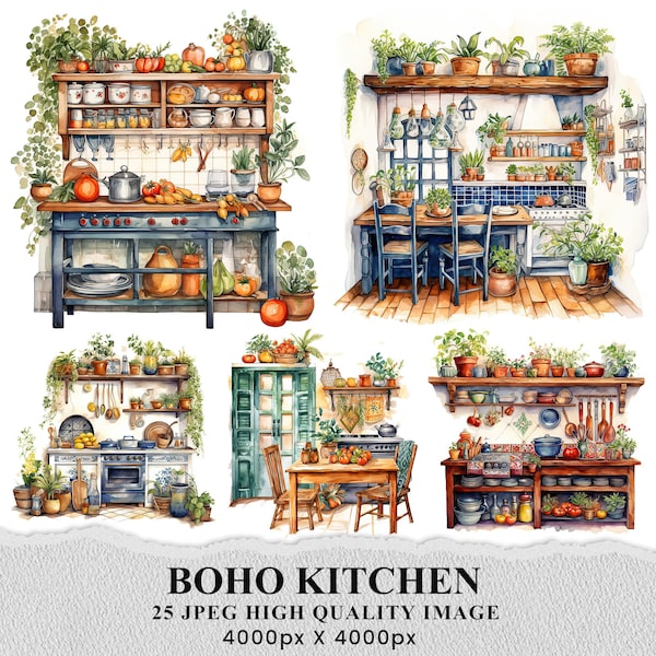 Watercolor Boho Kitchen, Boho Kitchen Clipart Bundle, 25 High Quality Watercolor JPGs- Crafting, Journaling, Scrapbook, Digital Download