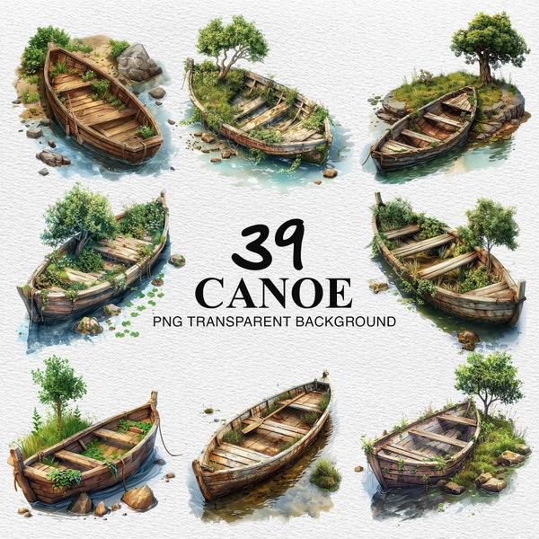 Canoe Clipart, 39 Canoe Watercolor Clipart, Woodland Canoe, Abandoned Canoe Crafting Journaling Scrapbook Digital Download