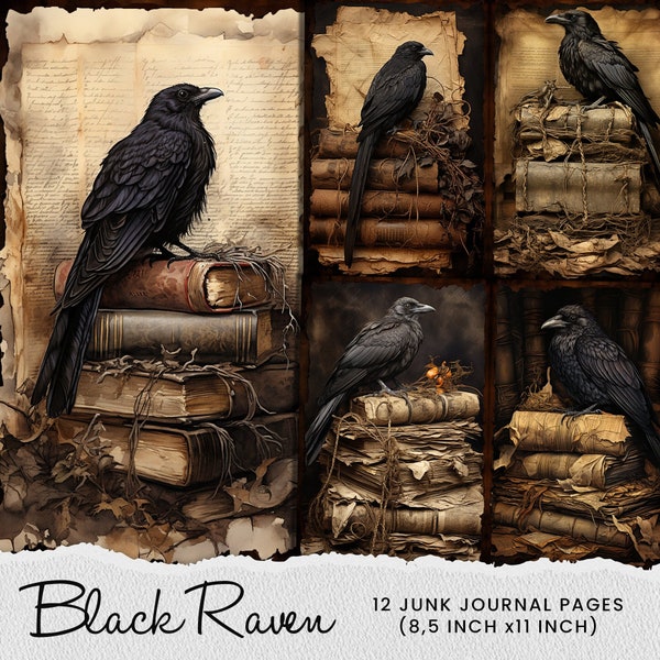 Black Raven Crow Books Junk Journal Page, Raven Book, Raven Crow, Books, Gothic Raven Crow Journal Digital Paper