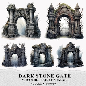Gothic Stone Gate Watercolor Clipart: Dark Fantasy Scrapbook (Digital Download)