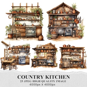 Op de afbeelding: Een aquarel-illustratie van vier verschillende landelijke keukendesigns. Elke keuken heeft houten kasten, planken en aanrechtbladen, evenals verschillende keukengerei en apparaten. De keukens zijn versierd met planten en bloemen, wat een warme en uitnodigende sfeer creëert.