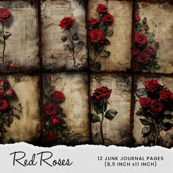 Rose Junk Journal Pages, Red Rose Flower Old Paper, Red Roses Digital Paper, Beauty Roses Journaling Scrapbook Digital Download
