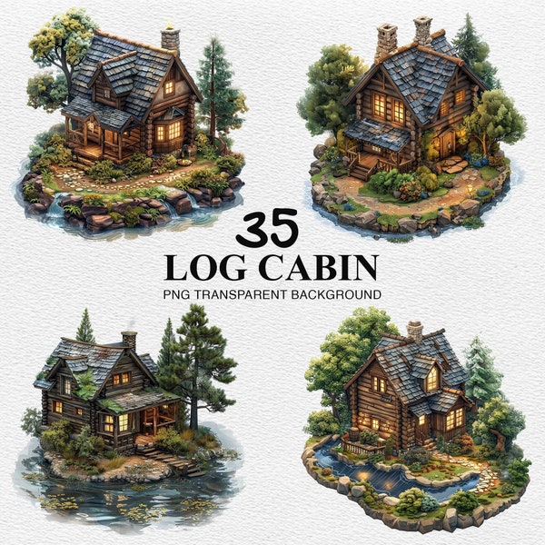 Log Cabin, 35 Houses Clipart, Rustic Log Cabin, Wooden Cabin, Cottage House Crafting Journaling Scrapbook Digital Download