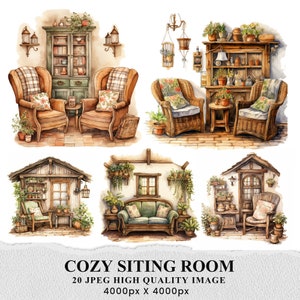 May include: Four watercolour illustrations of cosy sitting rooms with various furniture, including armchairs, sofas, and wicker chairs. Each room features a rustic aesthetic with wooden furniture, plants, and windows. The illustrations are set against a white background.