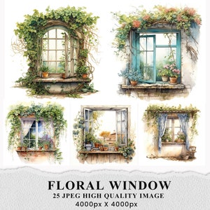 Puede incluir: Ilustraciones en acuarela de ventanas adornadas con plantas trepadoras y flores en macetas. Las ventanas son de varios estilos, algunas con contraventanas abiertas, otras con cortinas. La imagen incluye el texto "FLORAL WINDOW" y detalles de la imagen.