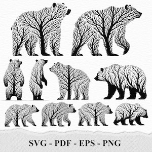 Peut inclure: Un ensemble de neuf silhouettes d'ours noires et blanches, chacune avec un motif d'arbre à l'intérieur. Les ours sont dans différentes poses, y compris debout, assis et marchant. Le design est parfait pour les projets d'artisanat, le scrapbooking ou la conception numérique.