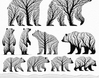 Bear SVG Bundle, Bear Twig Roots Svg, Bear Tree Branches, Wildlife Bear Silhouette SVG PNG Clipart Cut Files