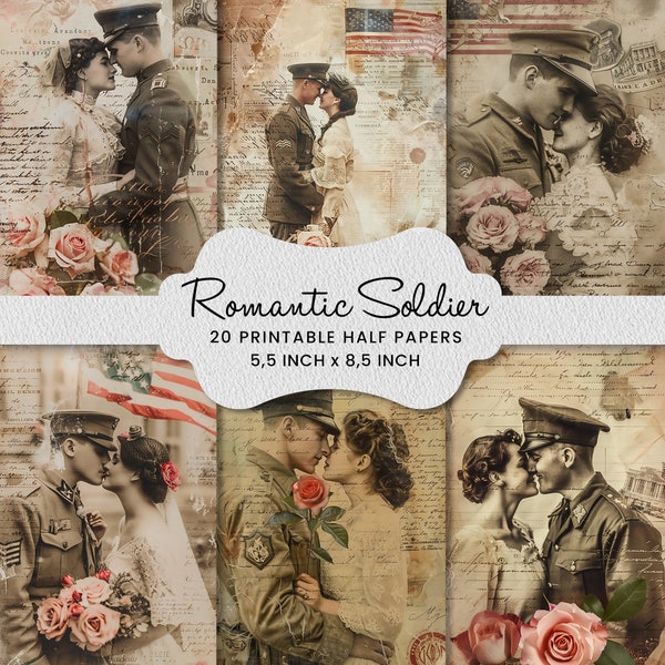 Classic Romantic Soldiers Junk Journal Half Paper Mixed Media Paper Collage Printable, Scrapbook, Card Making,  Digital Papers