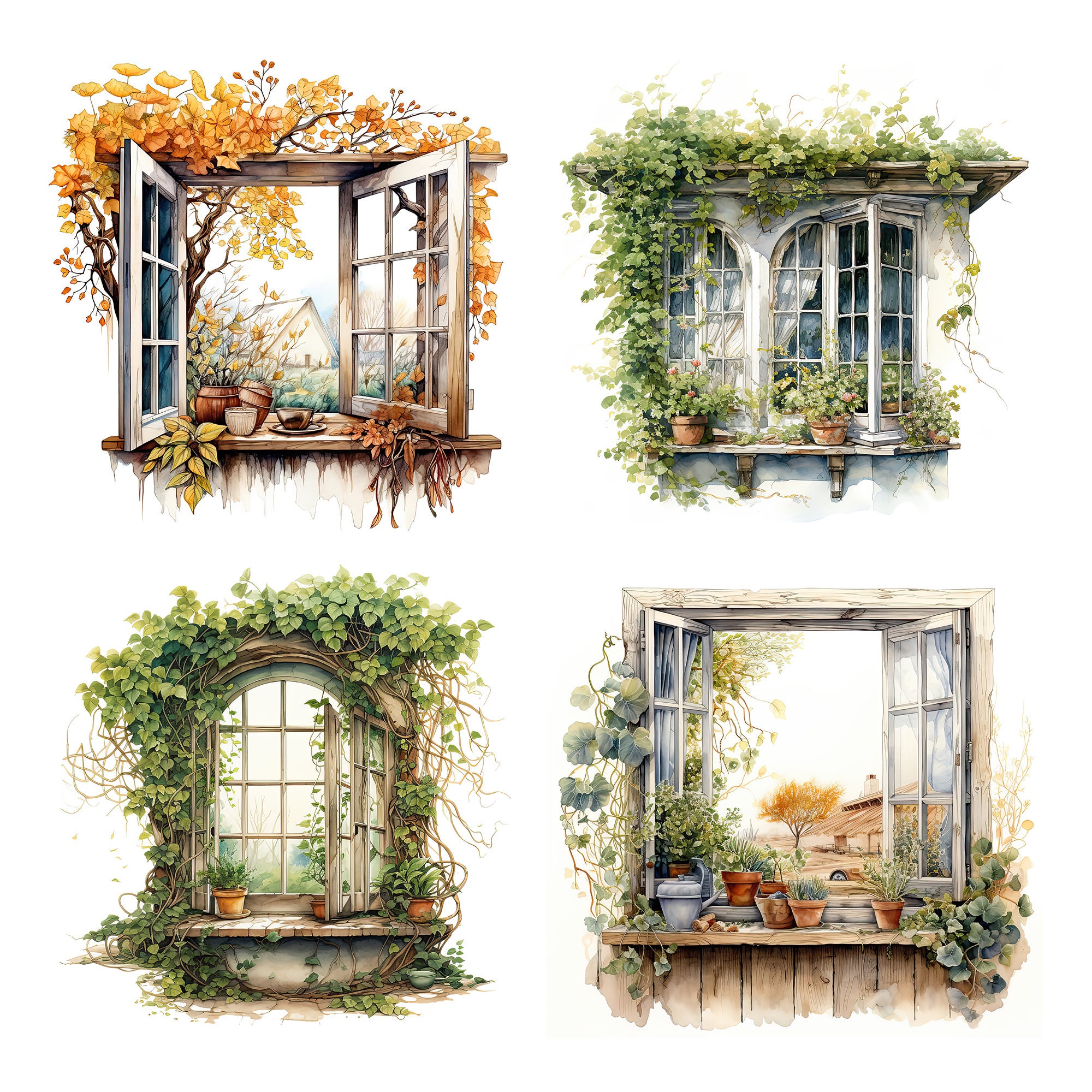 Spring Window Watercolor, 25 Floral Window Clipart, Summers Window ...