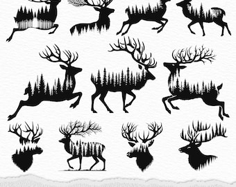 Silueta de ciervo en el bosque SVG: Archivos de corte de imágenes prediseñadas de astas (descarga digital)