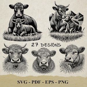 Cow and Calf SVG Bundle | Angus Cow Head Vintage Clipart | Farm Animal Vector Set | Bull Silhouette | Cattle Engraving Illustration