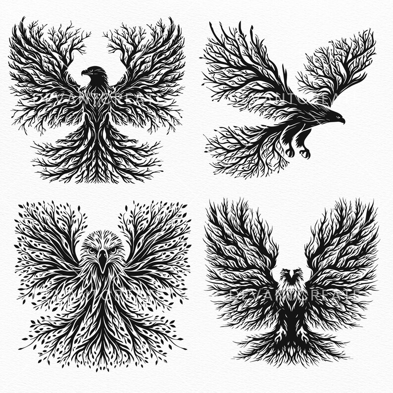 May include: Four black and white illustrations of stylized eagles with branches forming their wings and bodies. The eagles are in different poses with their wings spread out.