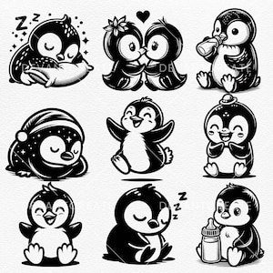 Söt pingvin SVG, babypingvin Svg, pingvinpaket Svg, rolig pingvin, söt babypingvinsilhuett SVG PNG Clipart klippfiler bild 4
