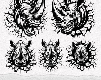 Rinoceronte aplastante SVG, Rinoceronte SVG, Rinoceronte cargando, Cabeza de rinoceronte, Rinoceronte enojado, Paquete de rinocerontes Clipart Silueta Archivos de corte vectoriales