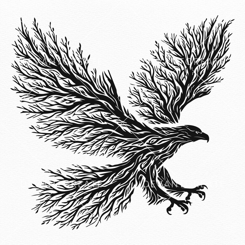 May include: Black and white illustration of an eagle with its wings spread wide. The eagle is made up of intricate branches and twigs, creating a unique and artistic design.