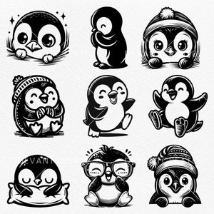 Söt pingvin SVG, babypingvin Svg, pingvinpaket Svg, rolig pingvin, söt babypingvinsilhuett SVG PNG Clipart klippfiler bild 2