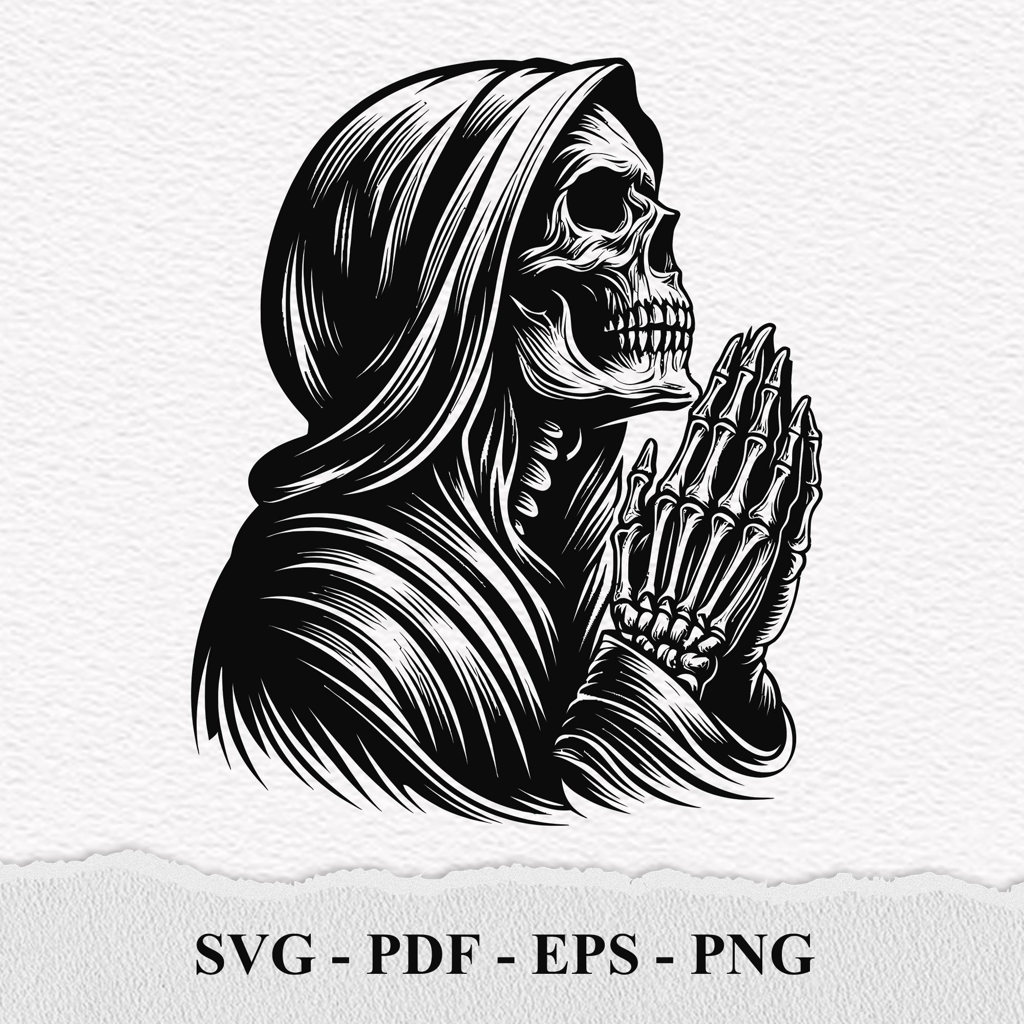 祈る死神 SVG: 骸骨の頭蓋骨のベクタークリップアート（デジタル