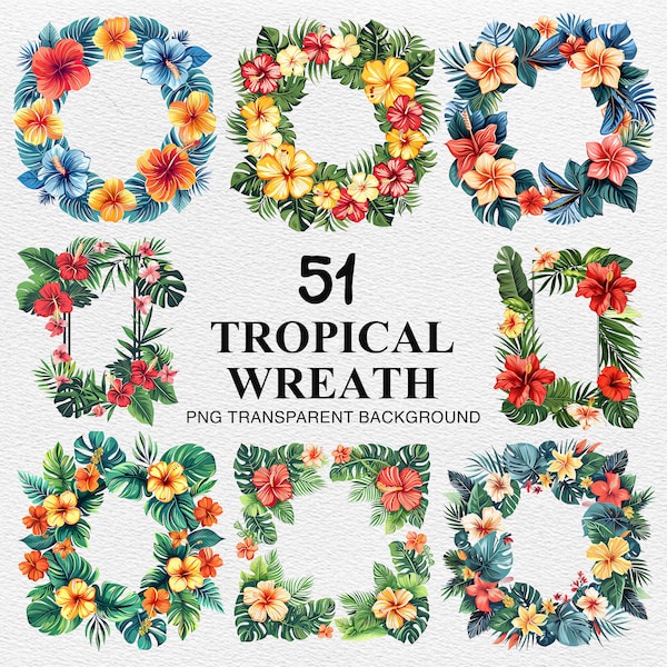 Tropical Wreath Watercolor, 51 Hawaiian Florals and Wreaths Clipart, Tropical Floral Crafting Journaling Scrapbook Digital Download