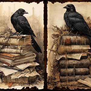 Puede incluir: Dos cuervos negros posados ​​en pilas de libros antiguos encuadernados en cuero. Los libros est&aacute;n cubiertos de polvo y tienen p&aacute;ginas envejecidas. Los cuervos miran hacia un lado.