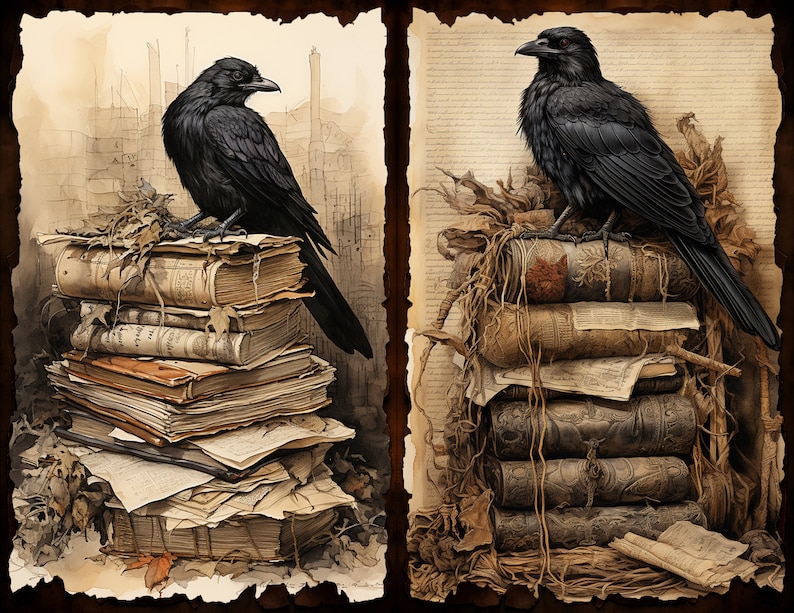 Puede incluir: Dos cuervos negros posados ​​en pilas de libros antiguos encuadernados en cuero. Los libros est&aacute;n cubiertos de polvo y tienen p&aacute;ginas envejecidas. Los cuervos miran hacia un lado.