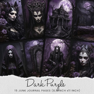 Pagine del diario Gothic Junk, gotico viola scuro, carte digitali gotiche, gotico scuro stampabile, kit diario Gothic Junk, diario Junk stampabile