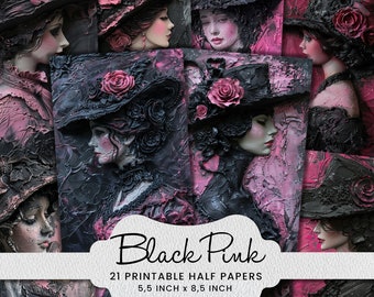 Victorian Lady Collage Paper: Black Pink Scrapbook Printable (Digital Download)