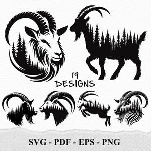 May include: Black and white goat designs with forest silhouettes. The image features various goat illustrations, some with forest imagery incorporated into their bodies. Text reads "19 Designs" and "SVG - PDF - EPS - PNG".