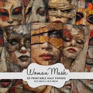 Maschera di carta da donna, viso da donna con maschera Mezza carta Tecnica mista Collage di carta stampabile, album di ritagli, creazione di cartoline, forniture artigianali