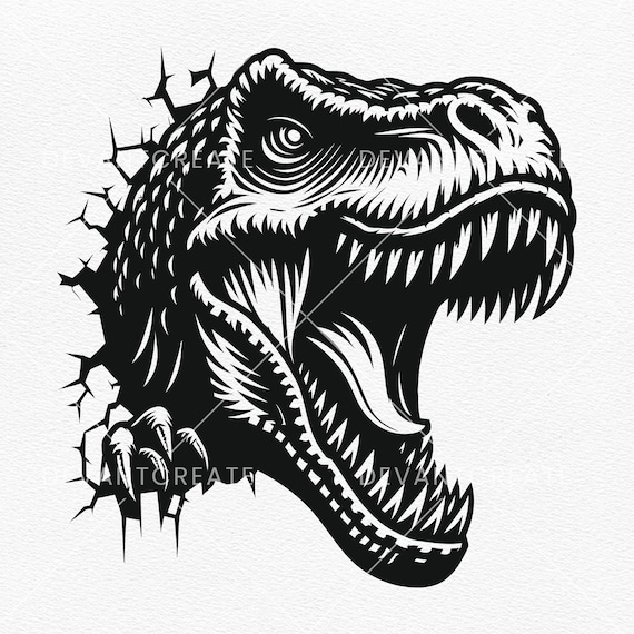 T-Rex SVG、ひび割れた壁の上のT-Rex恐竜SVG、怒った恐竜トレックス